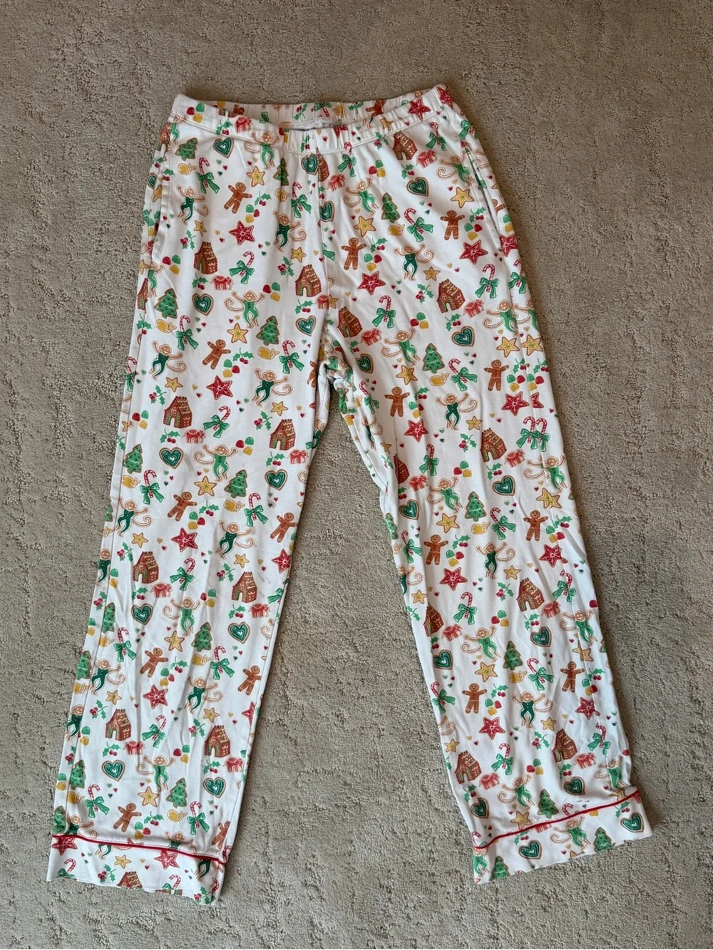 Roller Rabbit White Holiday Gingerbread Print Kids Pajama Set with Red Trim